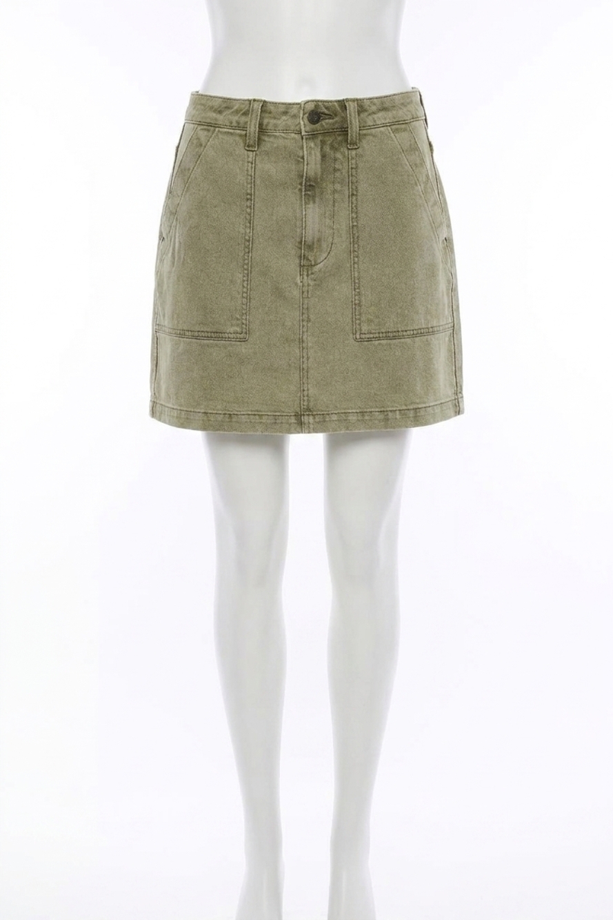 NEW FAHERTY ava sunwashed denim utility skirt in olive haze